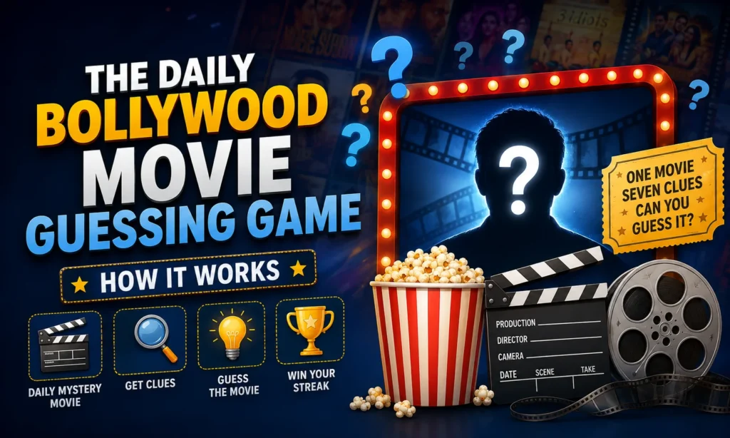 The Daily Bollywood Movie Guessing Game featuring a mystery movie, question marks, movie reel, popcorn, and clues explaining how the daily guessing game works.