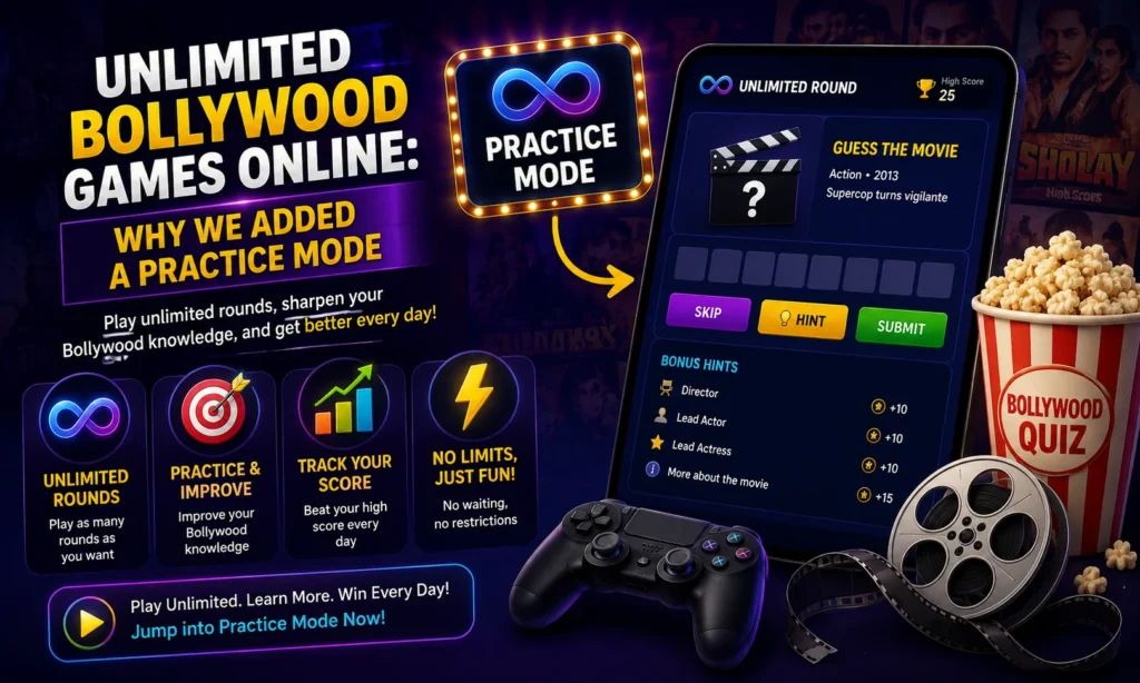 Unlimited Bollywood games online featuring Practice Mode, unlimited rounds, movie clues, score tracking, and a Bollywood movie guessing quiz.